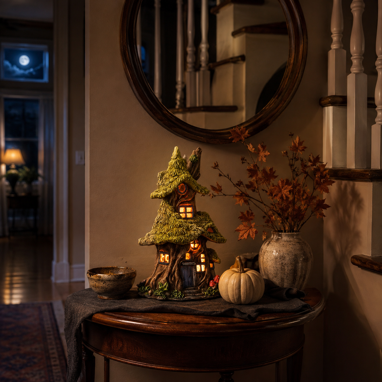 Whimsical Lighted Enchanted Moss Tree House with Timer