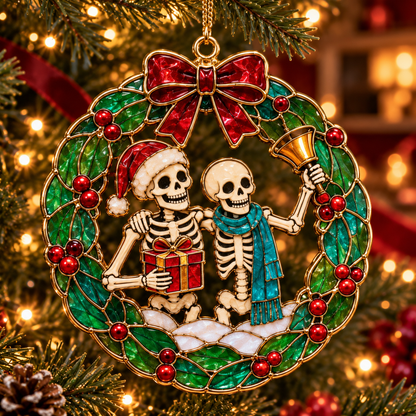 ✨Friends for Eternity – Vintage Stained Glass Style Skeleton Christmas Ornaments