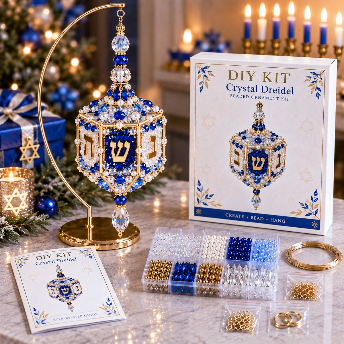 🧘Relaxing & Beginner-Friendly —💙Hanukkah Crystal Beaded Ornament DIY Kit✨