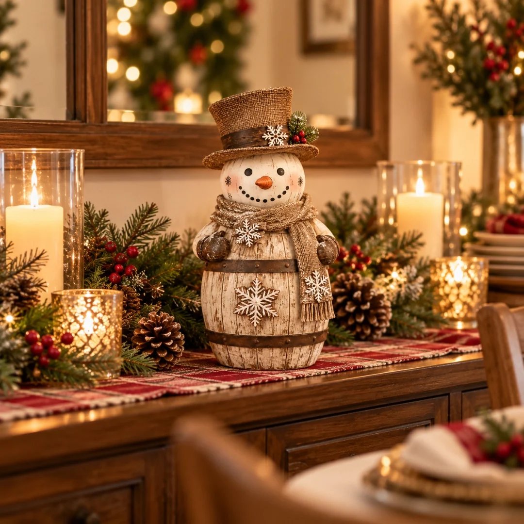 Vintage Whitewashed Barrel Snowman Figurine ⛄🪵 – Rustic Christmas Farmhouse Decor
