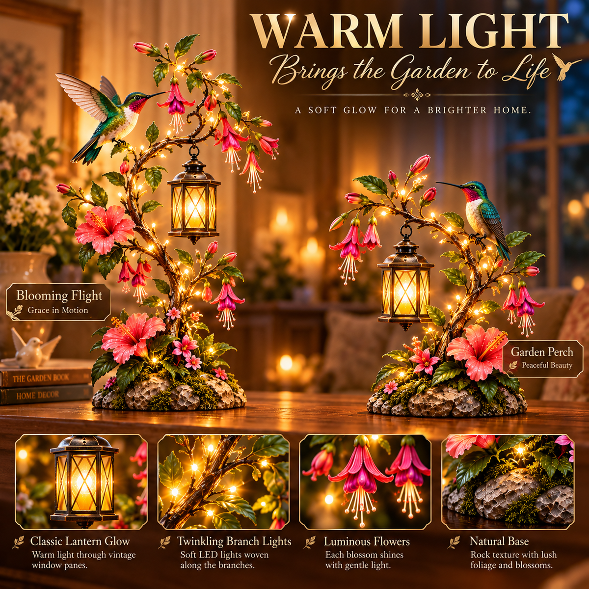 🌺🌺 Hummingbird Garden Glow Lantern – Lighted Floral Tabletop Décor