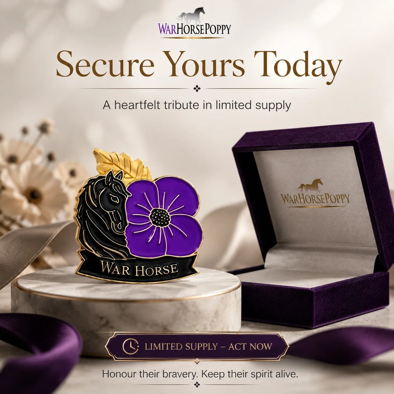 🎁 2027 Fellime®Limited Edition War Horse Purple Poppy 111th Anniversary Remembrance Brooch