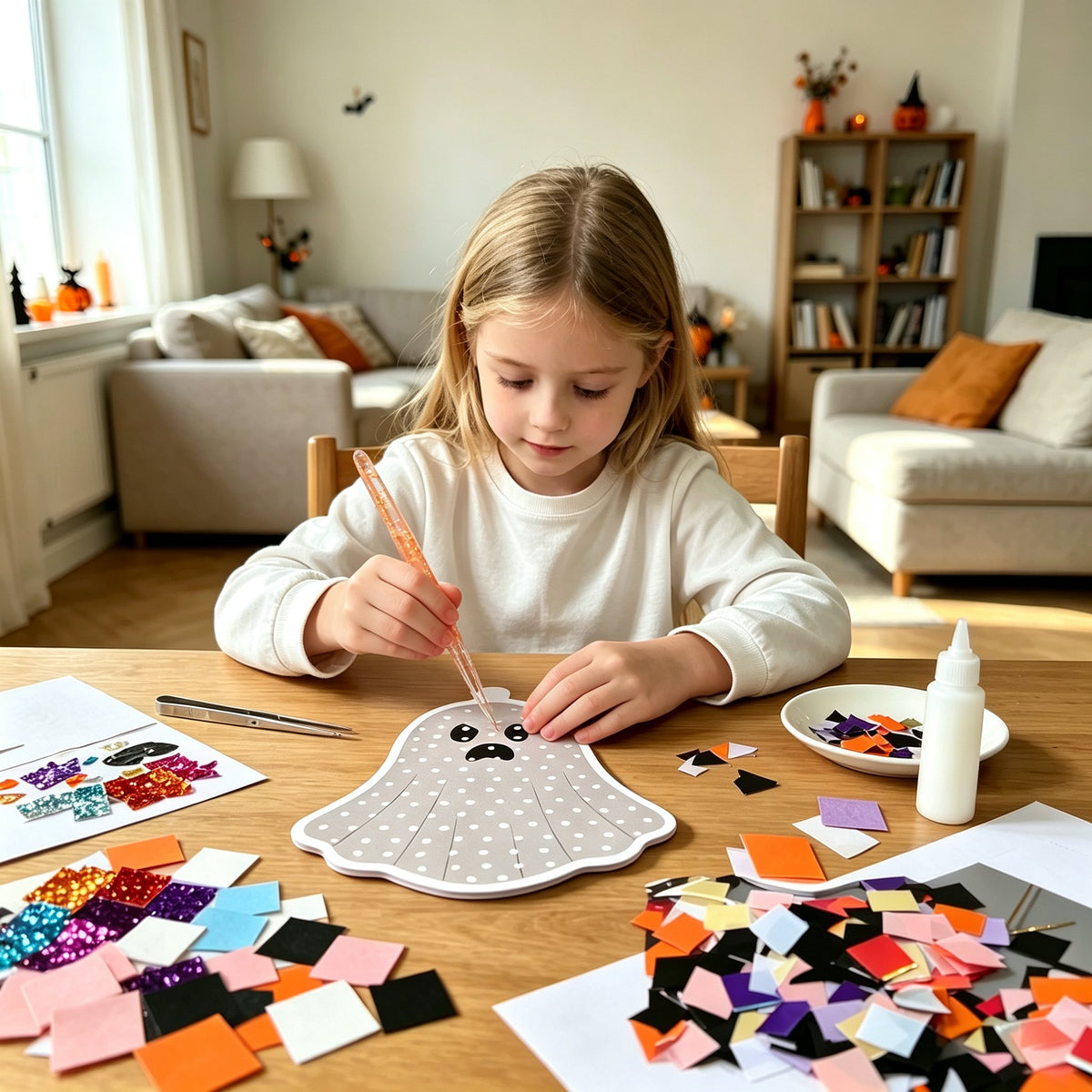 Child making Halloween poke-in craft at home
