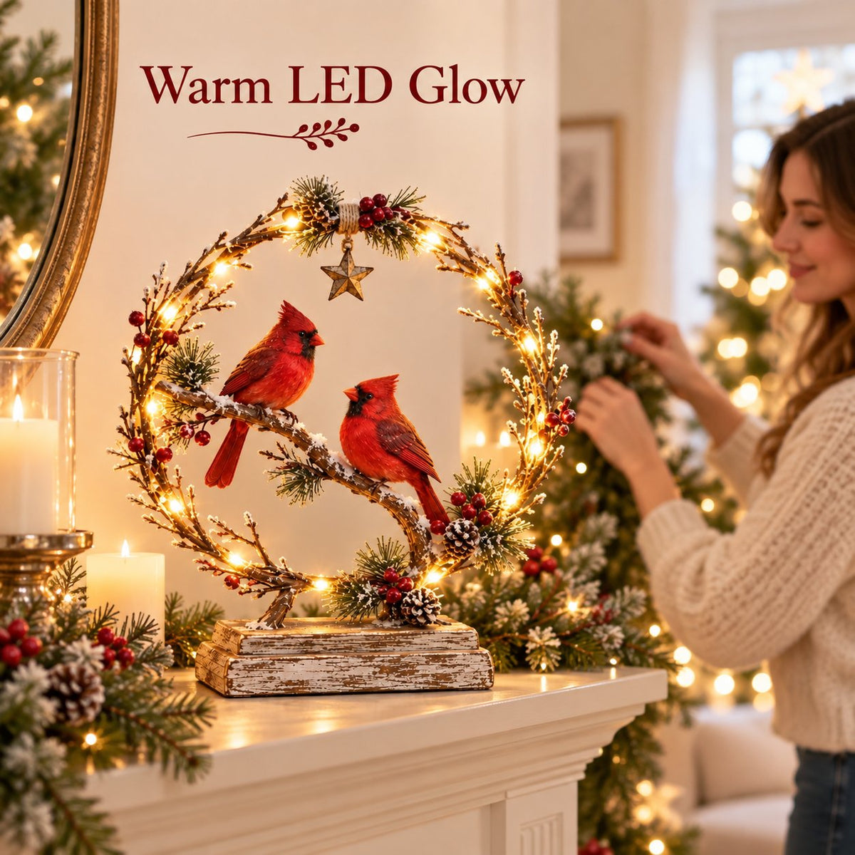 ❤️🐦 Cardinal Glow – Lighted Wreath Tabletop Decor