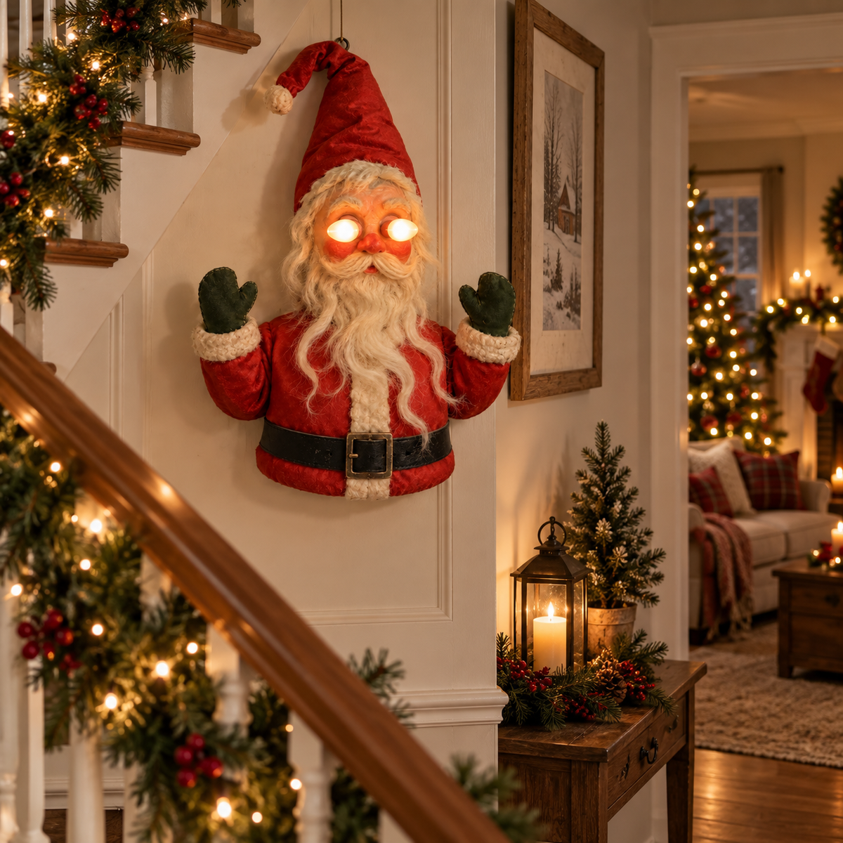 🎅👁️Santa After Dark – Vintage Glowing-Eye Door Guardian