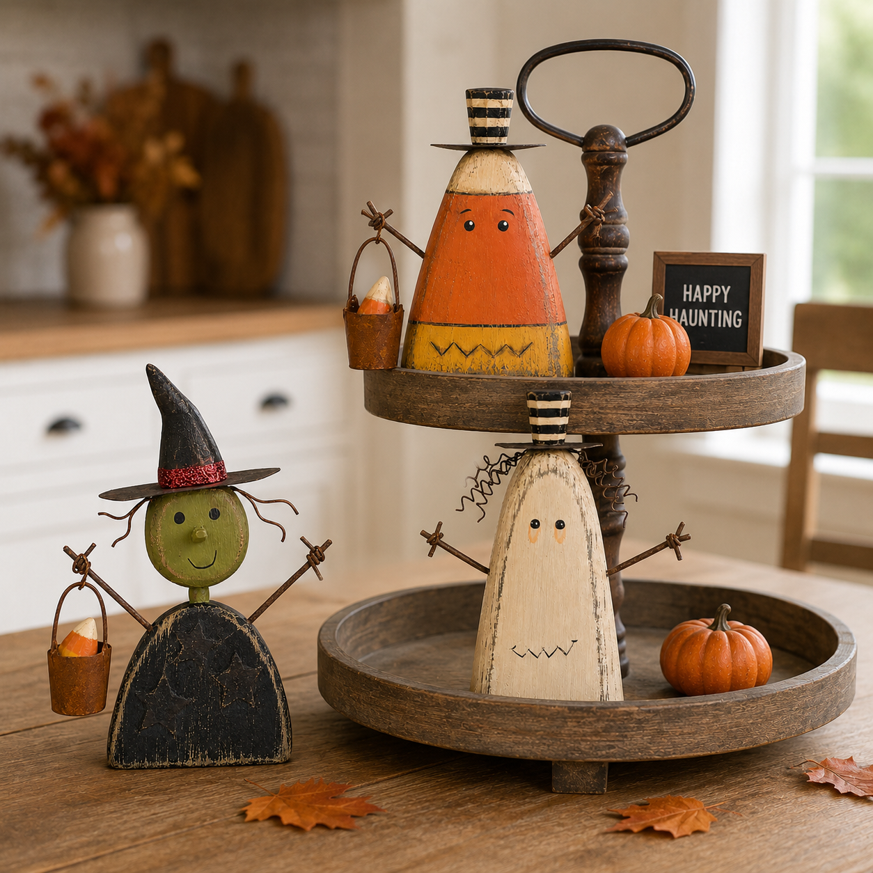 Primitive Halloween wooden figurines on tiered farmhouse tray