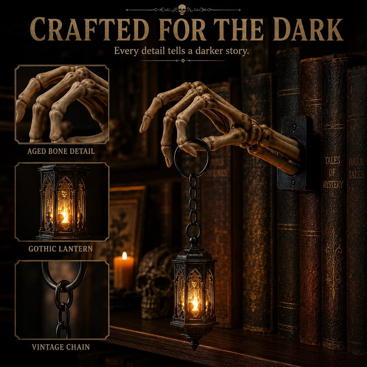 ⏳ Last Day 49% OFF – 💀Skeleton Hand Lantern – Gothic Warm Glow Bookshelf Décor