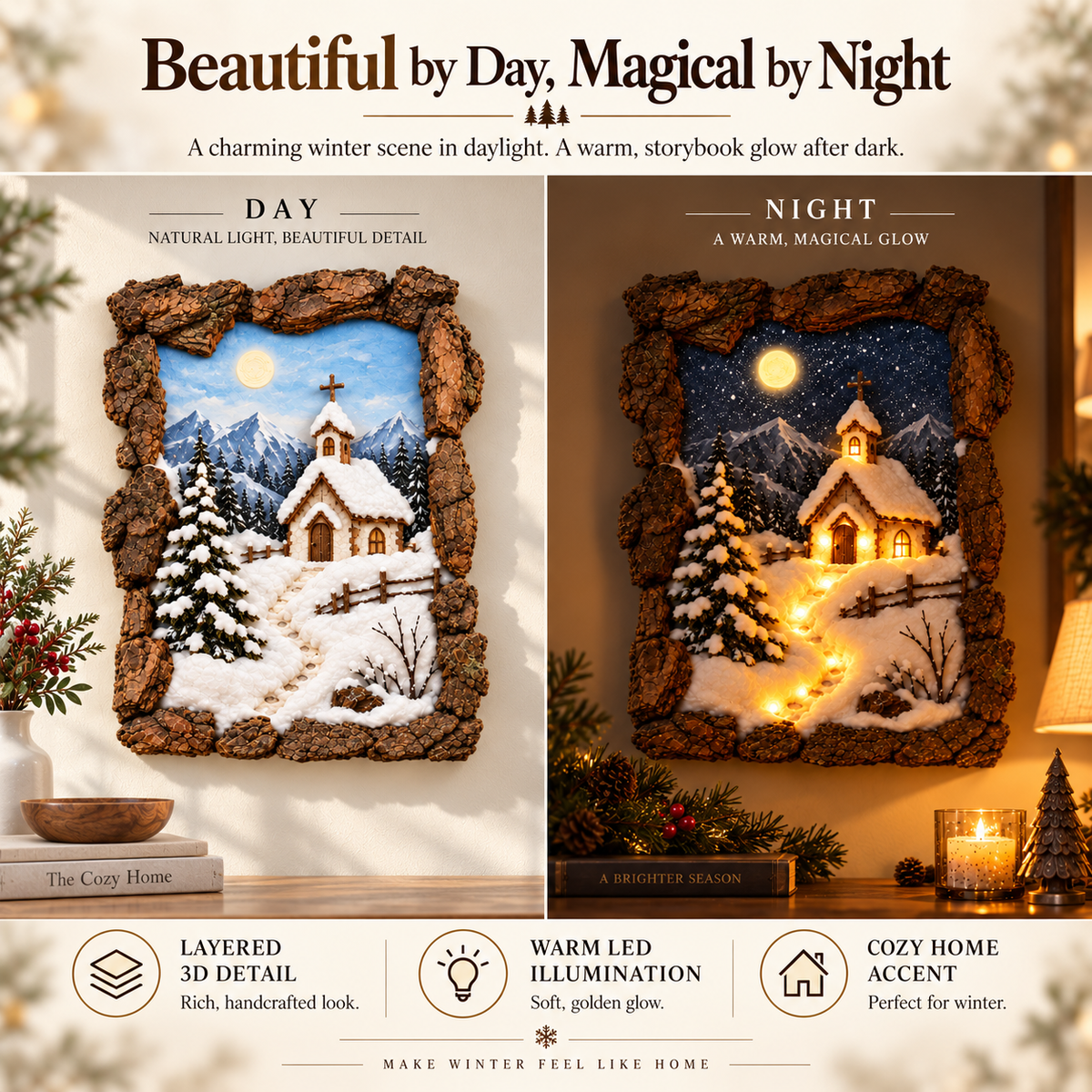 Winter Village Glow™ 3D Lighted Christmas Wall Art – Rustic Snowy Village Diorama with Warm LED Lights