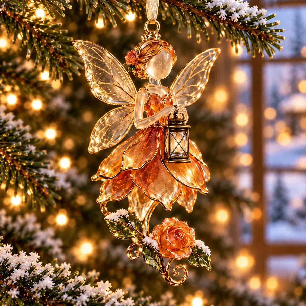 Lantern with Golden Roses ornament with amber-colored petals and a miniature lantern