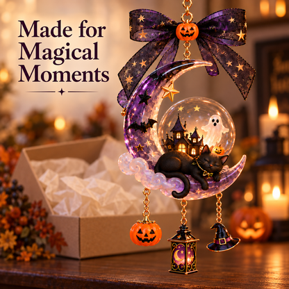 🌙 Handcrafted Enchanting Black Cat Moon Lamp – Halloween Hanging Decorations