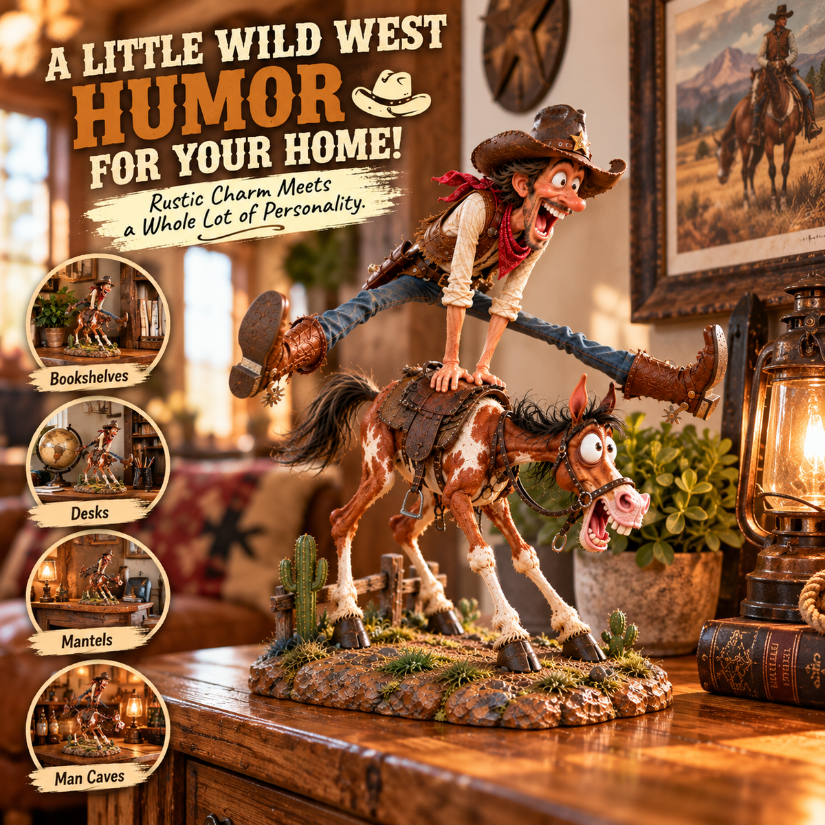 Funny cowboy and horse figurine in a warm rustic Western-themed living room