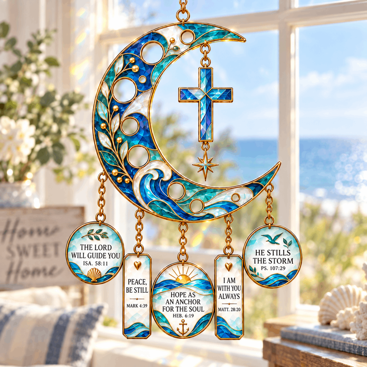✨🌙 Crescent Moon of Faith – Scripture Cross Hanging Ornament✝️