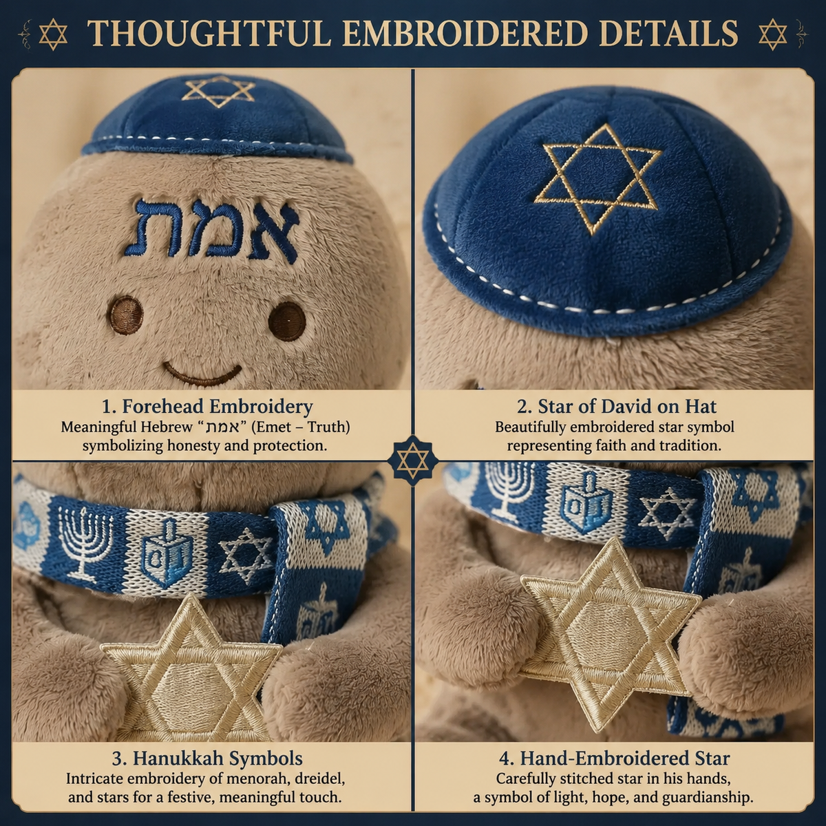Hanukkah plush embroidered details
