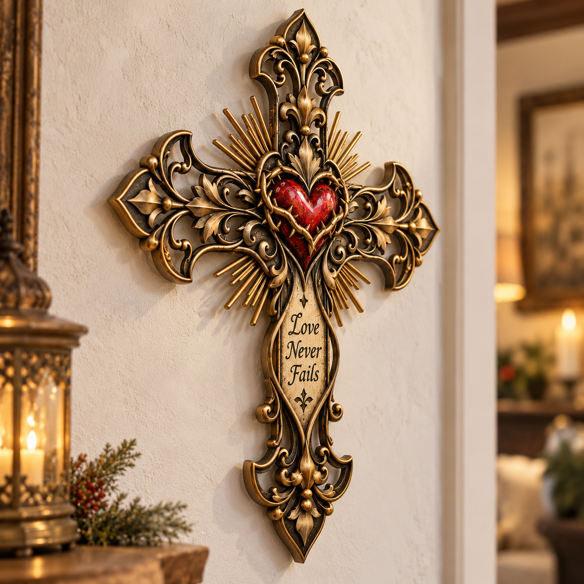 ❤️✝️ Love Never Fails™ – Sacred Heart Metal Cross Wall Decor