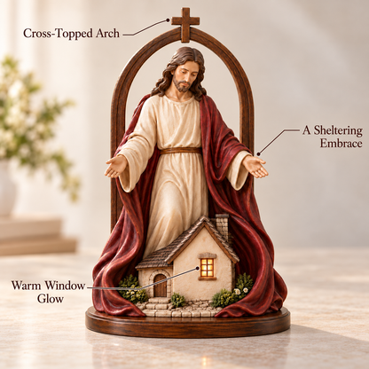 ✝️ Held in His Love – Jesus Sheltering Home Lighted Figurine