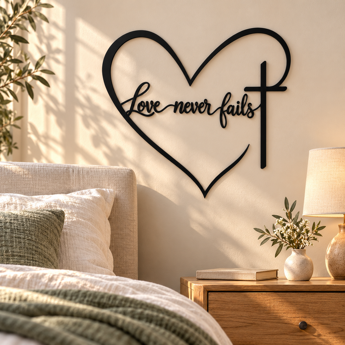 Heart and cross wall decor styled in a bedroom with natural wood and soft linens