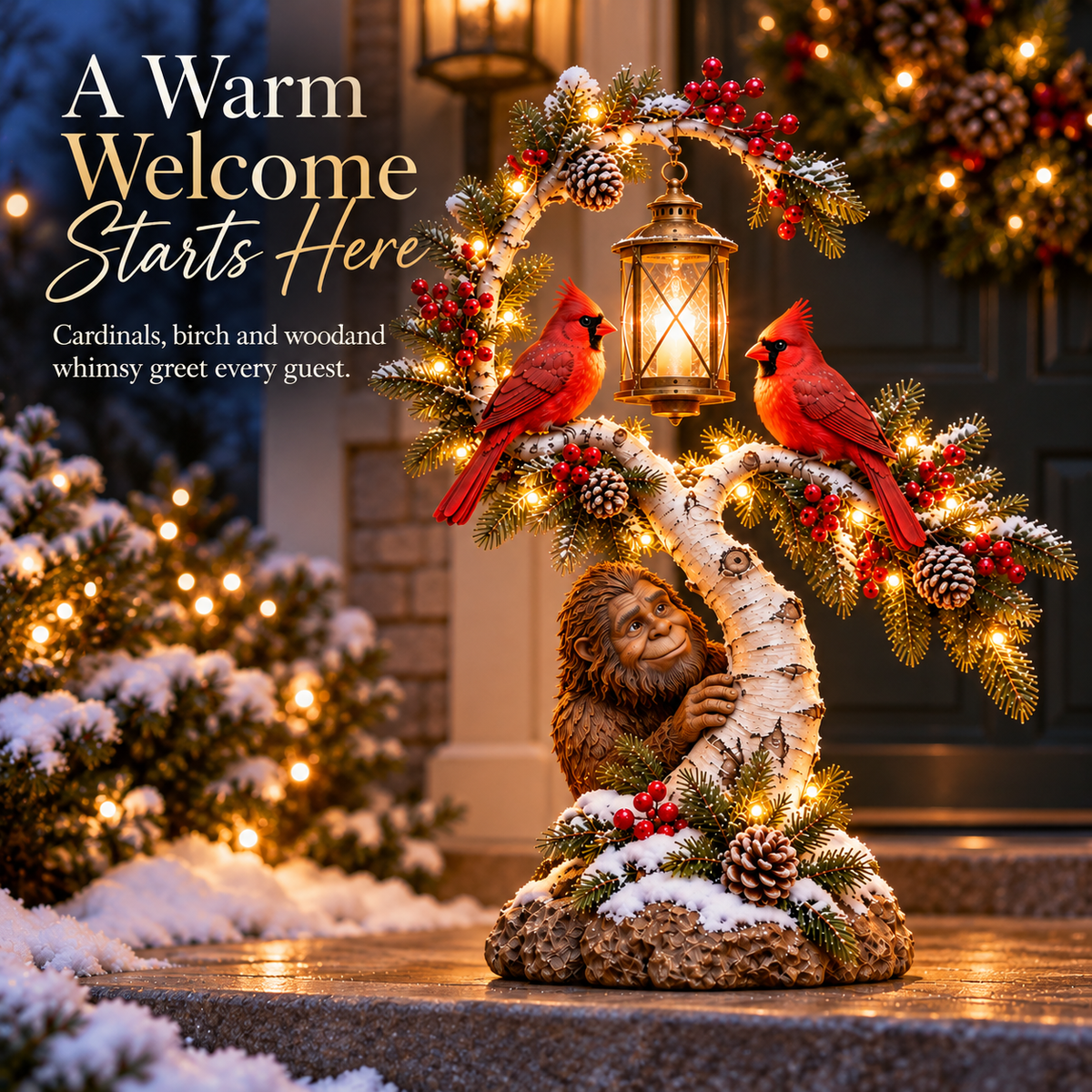 Sasquatch cardinal winter decoration glowing on a covered porch at night
