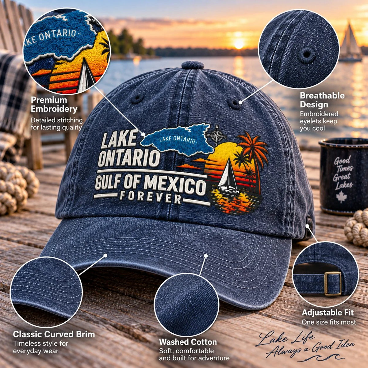 Lake Ontario cap embroidery and construction details