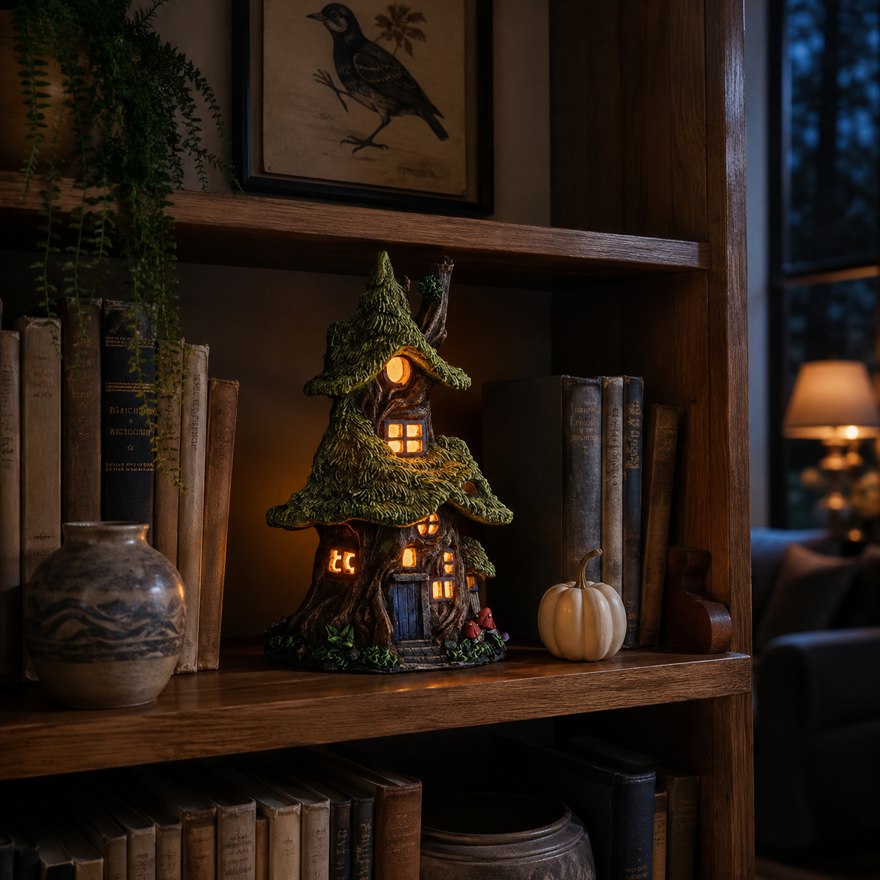 Whimsical Lighted Enchanted Moss Tree House with Timer
