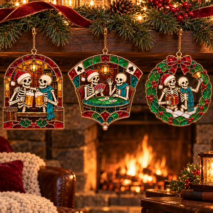 ✨Friends for Eternity – Vintage Stained Glass Style Skeleton Christmas Ornaments