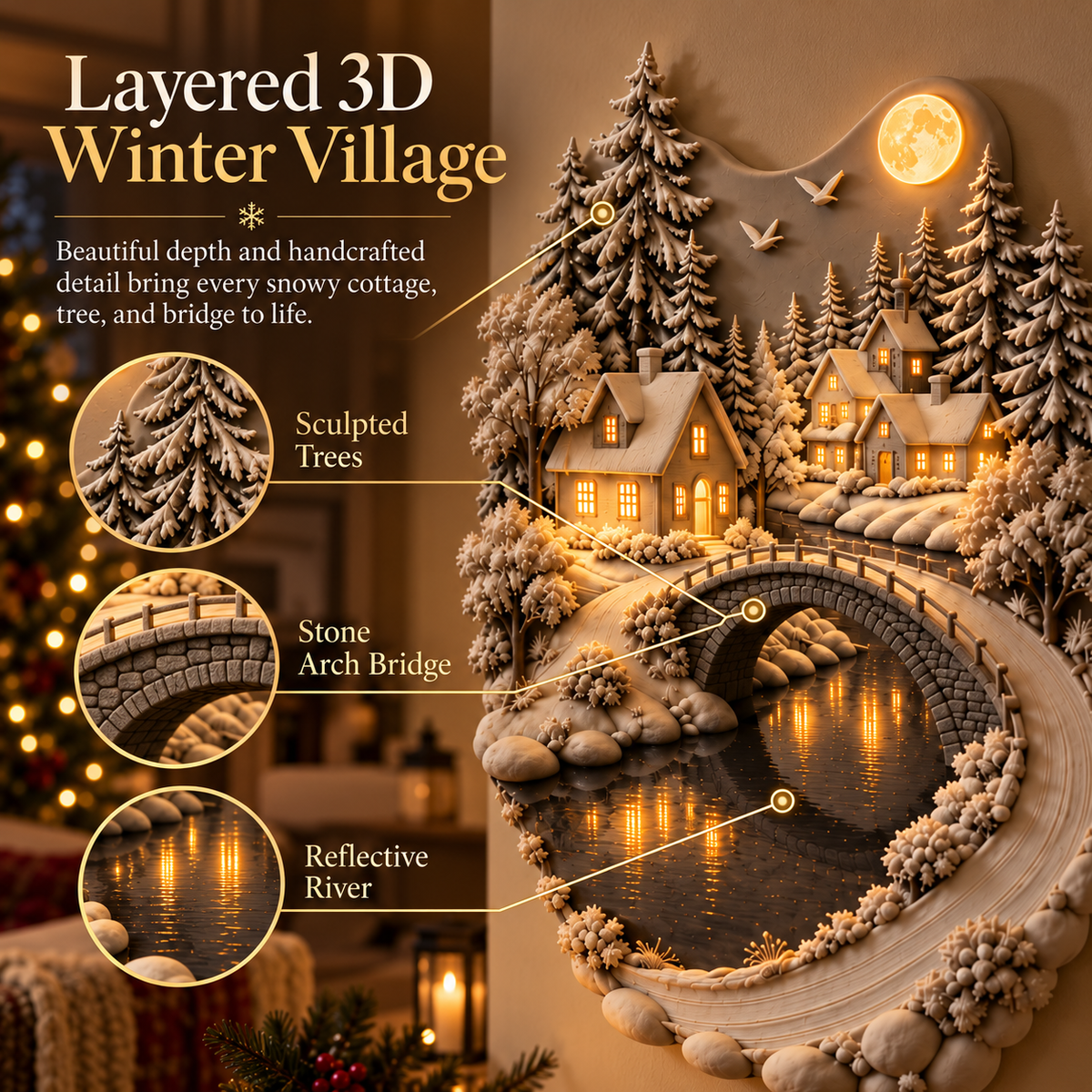 Moonlit Snowbridge Village™ Lighted 3D Wall Sculpture – Winter Village Wall Art with Warm LED Glow