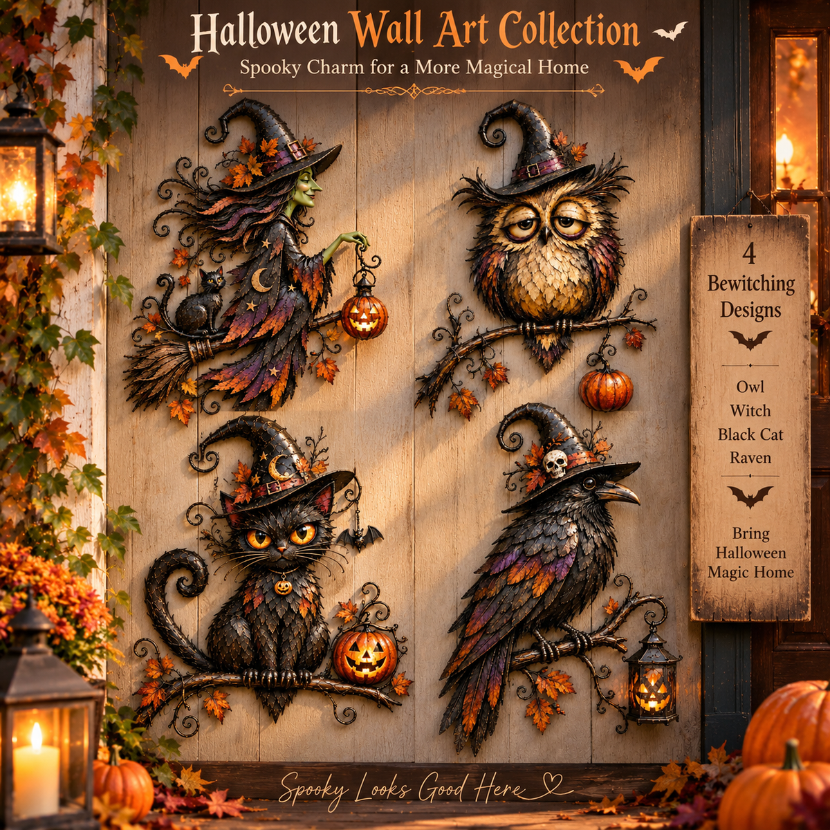 ✨Whimsical Halloween Wall Decor Collection – Owl, Witch, Black Cat & Raven