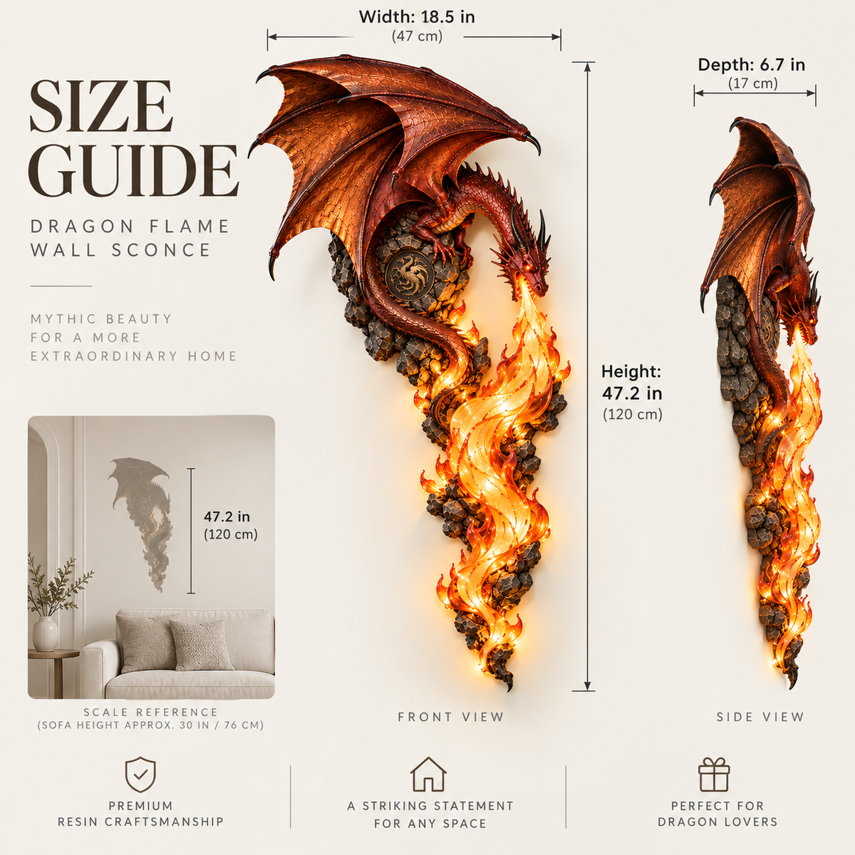 Dragonfire Guardian wall sconce size guide