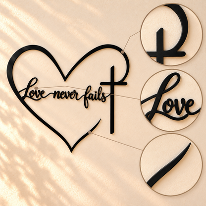 ❤️ Love Never Fails – Heart & Cross Wall Decor