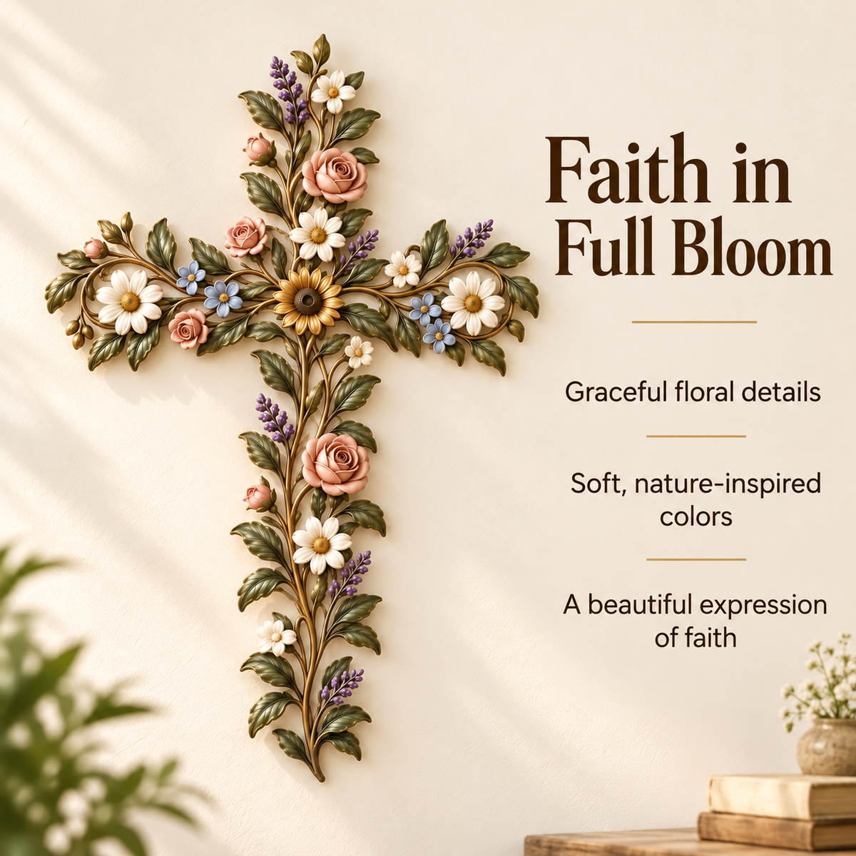 ✝️ Faith in Bloom — Floral Cross Wall Decor