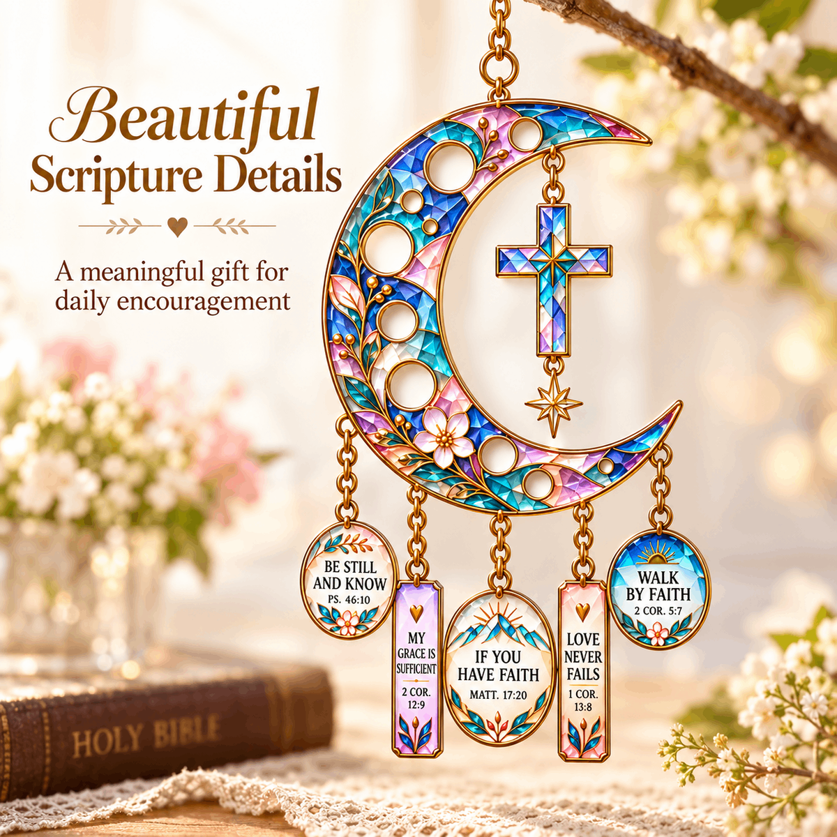 ✨🌙 Crescent Moon of Faith – Scripture Cross Hanging Ornament✝️