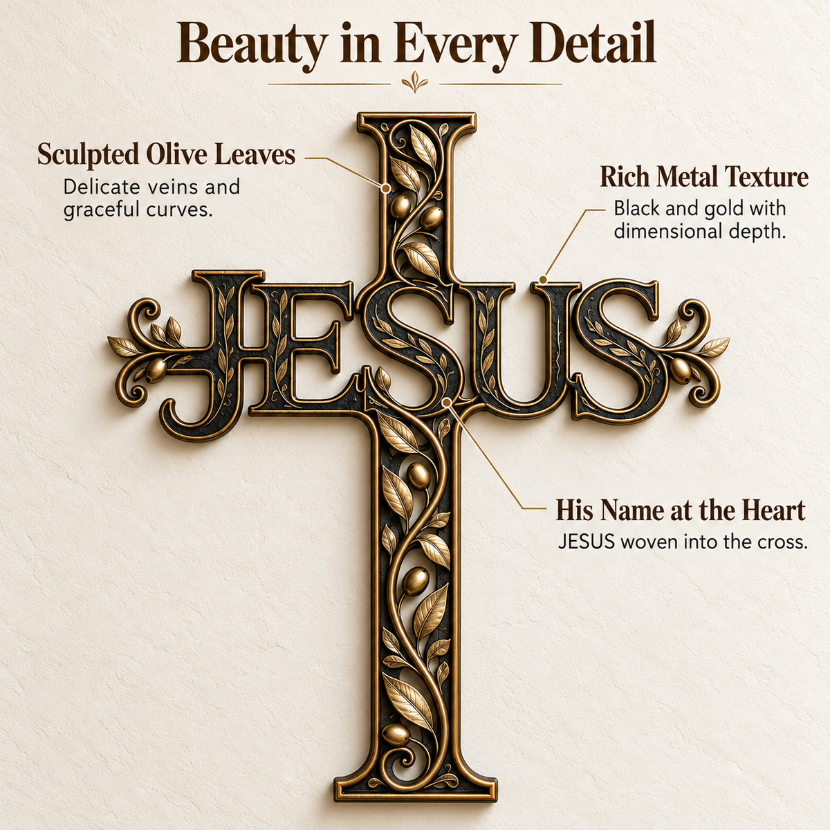 ✝️ His Name, Our Hope – JESUS Olive Vine Metal Cross Wall Art