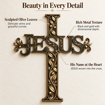 ✝️ His Name, Our Hope – JESUS Olive Vine Metal Cross Wall Art