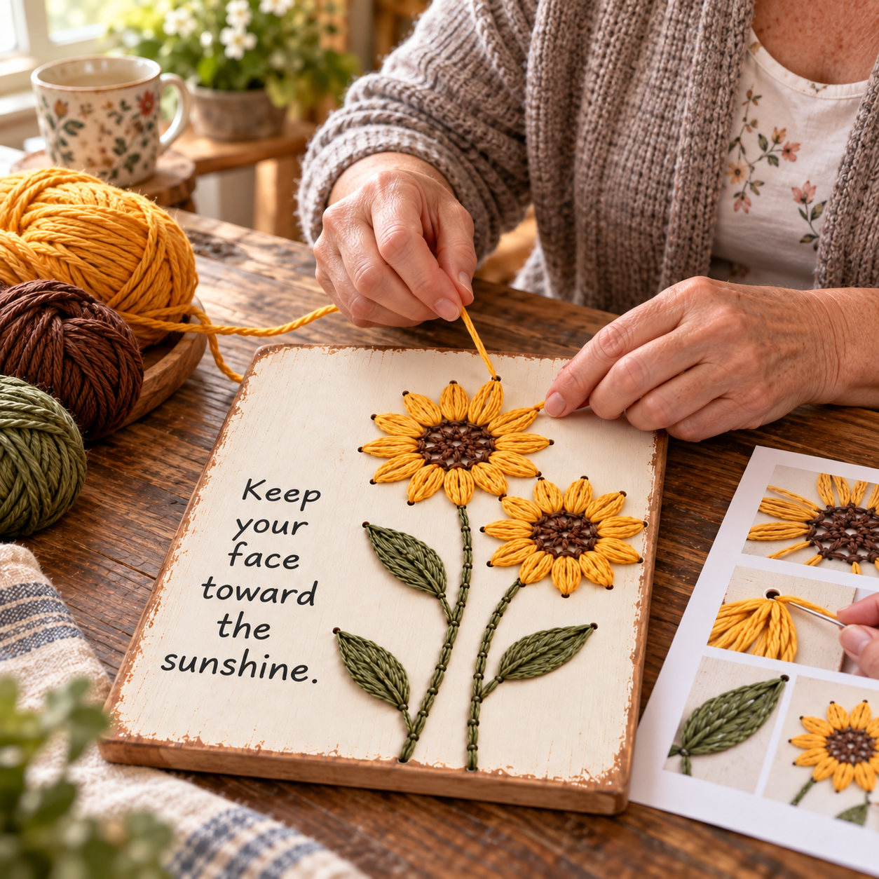 Making the sunflower floral yarn art plaque