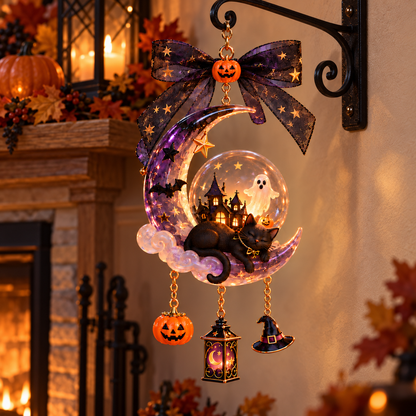 🌙 Handcrafted Enchanting Black Cat Moon Lamp – Halloween Hanging Decorations