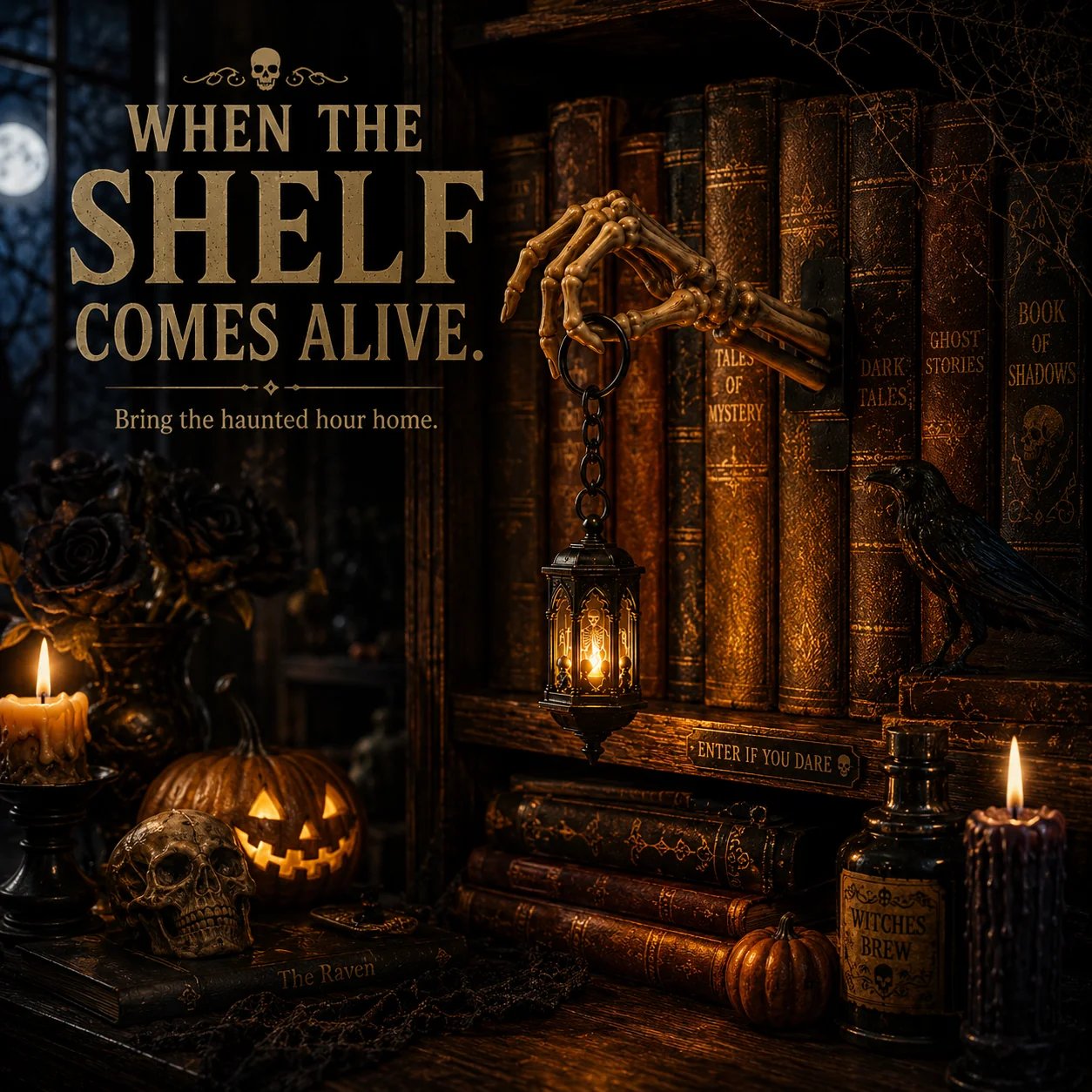 ⏳ Last Day 49% OFF – 💀Skeleton Hand Lantern – Gothic Warm Glow Bookshelf Décor