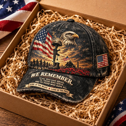 🦅 'We Remember' Vintage Patriotic Cap – ✨Bald Eagle & Battlefield Cross Tribute Hat