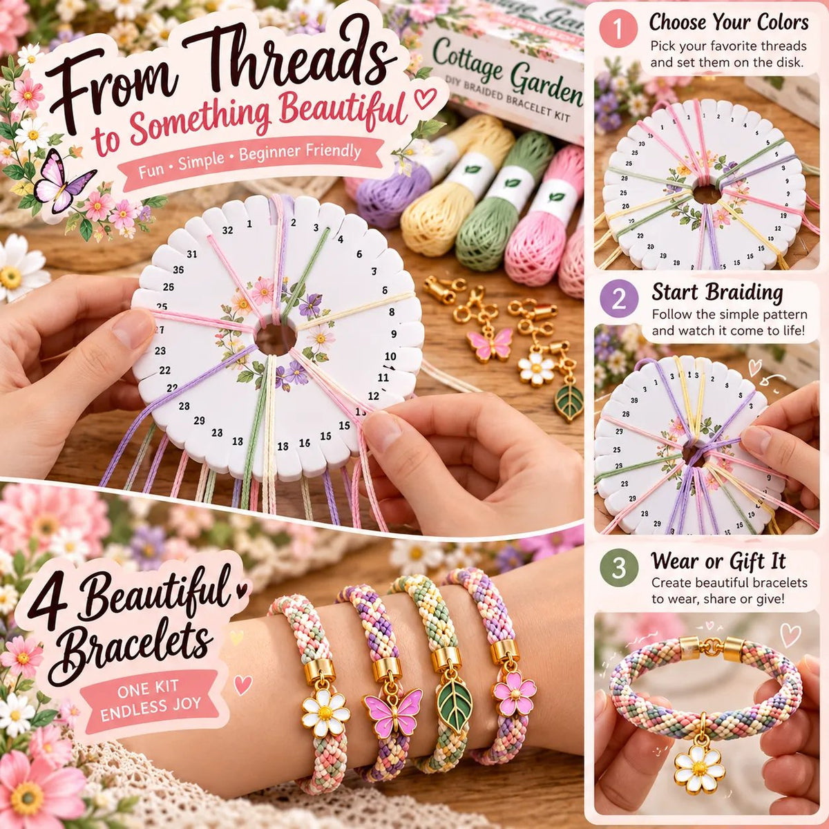 🌸Cottage Bloom Bracelet-Making Kit – ✨Beginner DIY Friendship Bracelet Craft Set