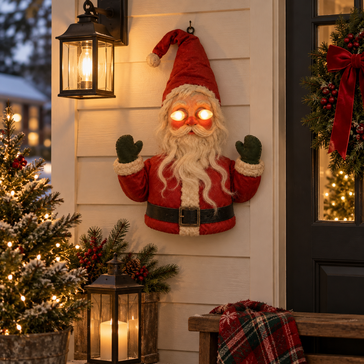 🎅👁️Santa After Dark – Vintage Glowing-Eye Door Guardian