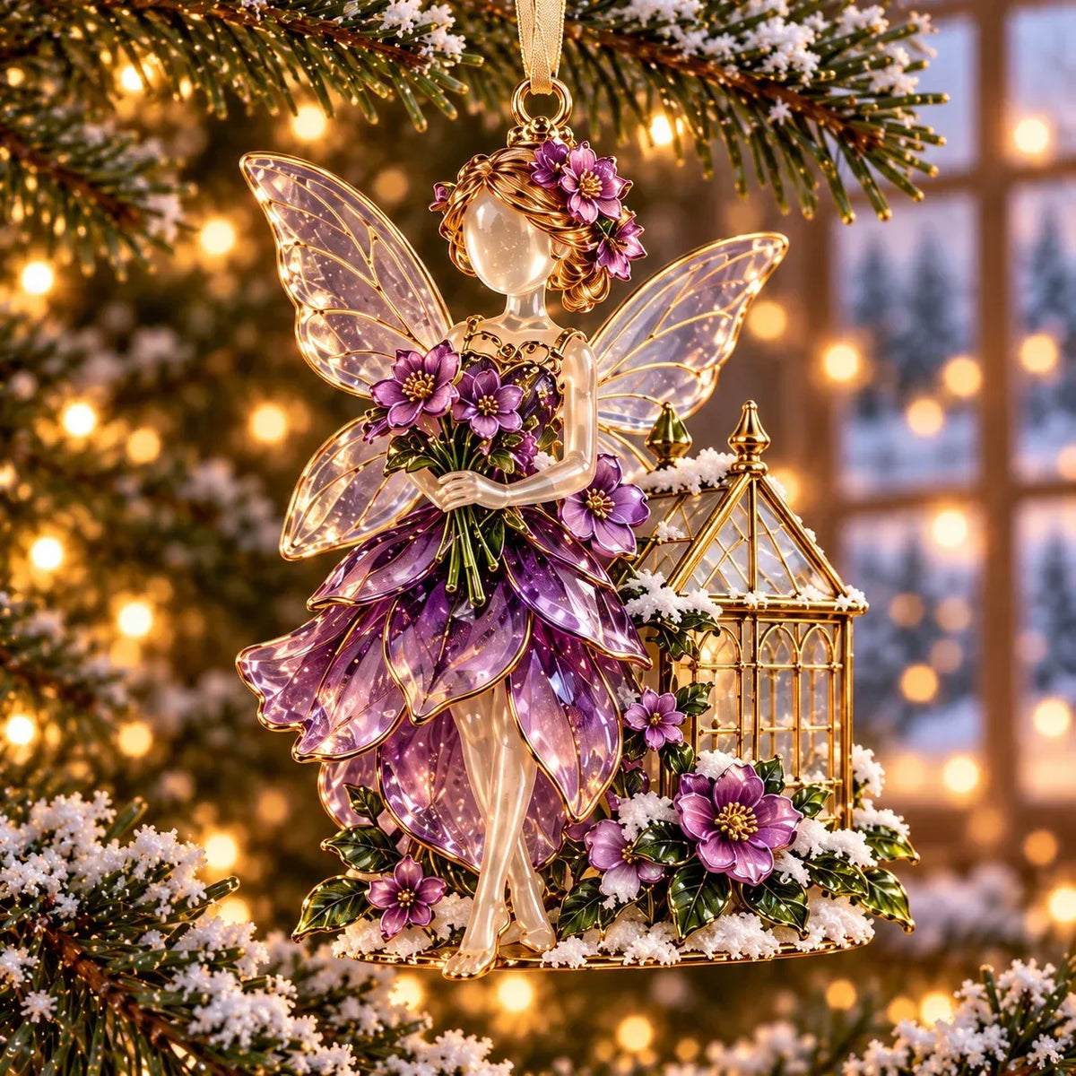 Greenhouse with Purple Flowers fairy ornament beside a miniature gold-tone greenhouse