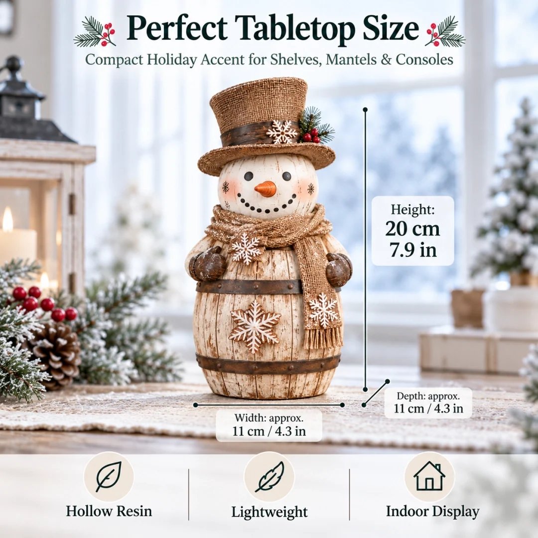 Vintage Whitewashed Barrel Snowman Figurine ⛄🪵 – Rustic Christmas Farmhouse Decor