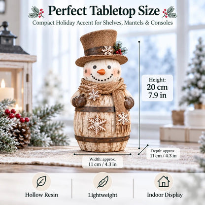 Vintage Whitewashed Barrel Snowman Figurine ⛄🪵 – Rustic Christmas Farmhouse Decor