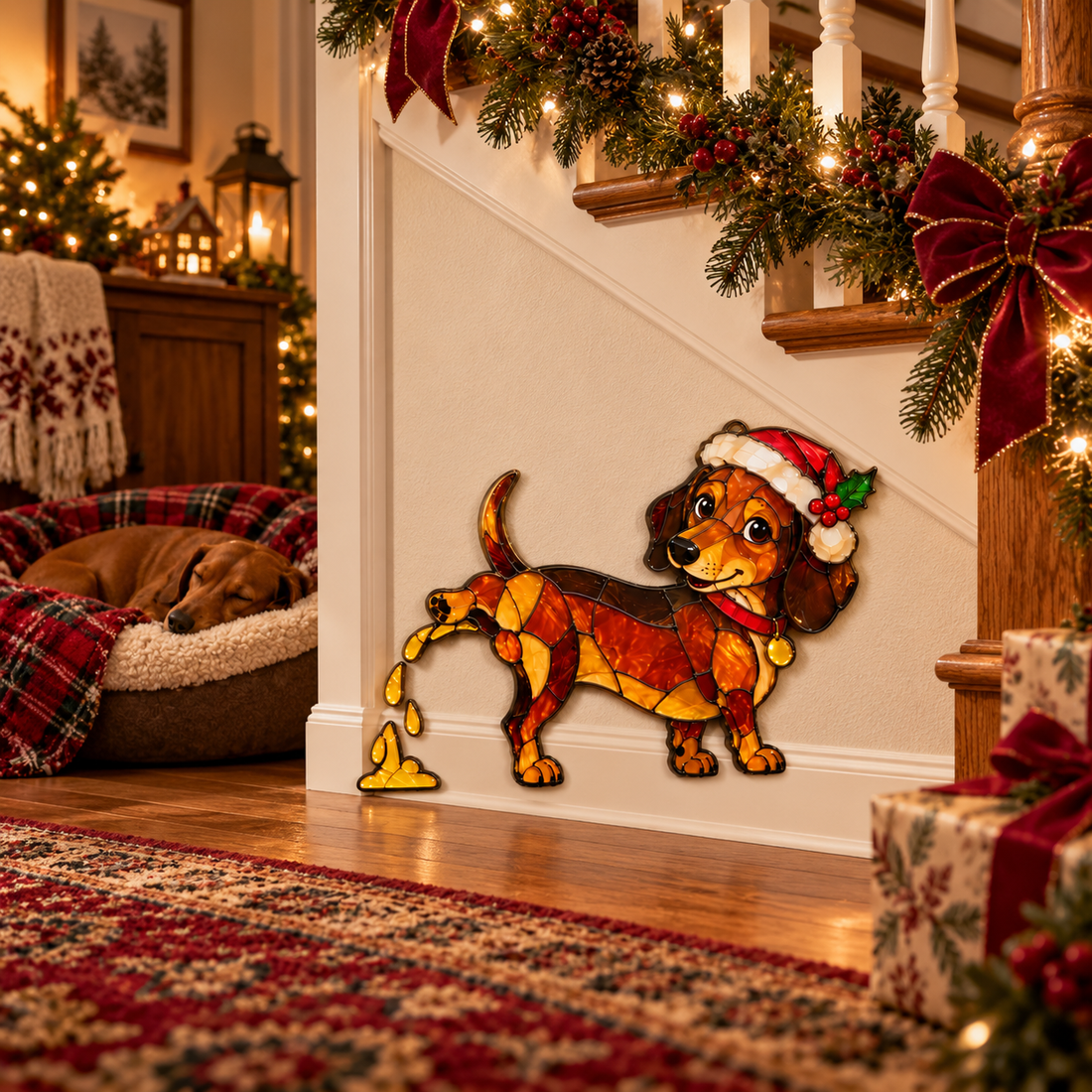 Funny dachshund Christmas decoration near a festive staircase