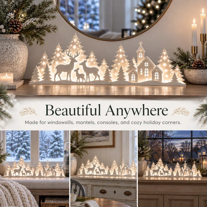 🦌 LED Christmas Deer & Village Window Decor | 2-Piece Lighted Scene