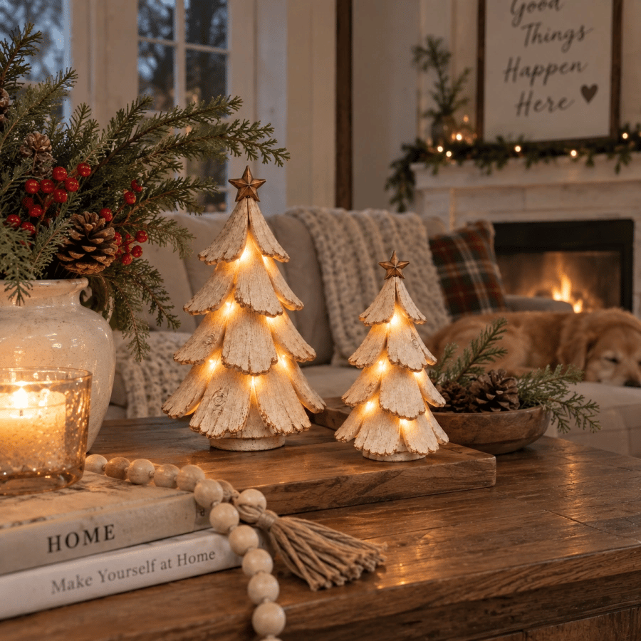 Two illuminated layered Christmas trees displayed in a cozy living room