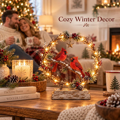 ❤️🐦 Cardinal Glow – Lighted Wreath Tabletop Decor