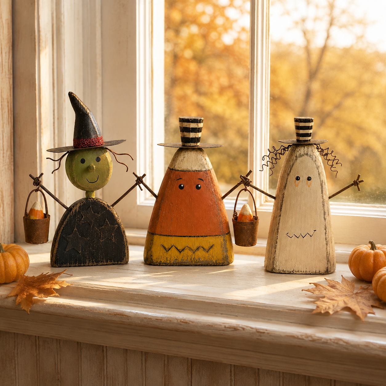 Primitive Halloween wooden witch candy corn and ghost figurines