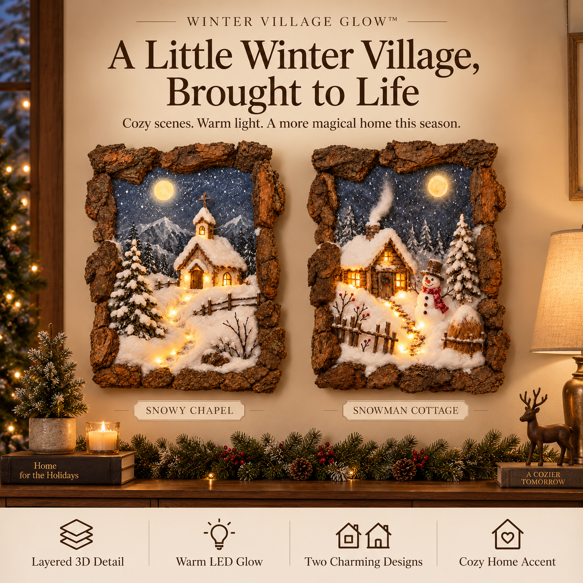 Winter Village Glow™ 3D Lighted Christmas Wall Art – Rustic Snowy Village Diorama with Warm LED Lights