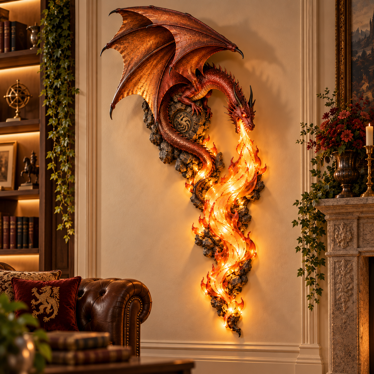 Dragonfire Guardian glowing beside a fireplace and bookshelf