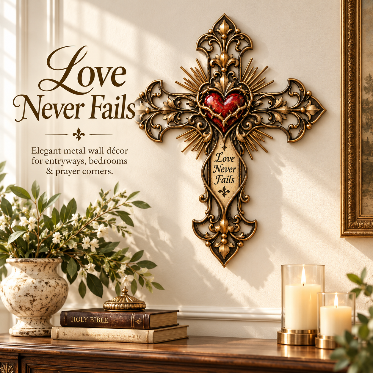 Sacred heart cross on an elegant sunlit interior wall