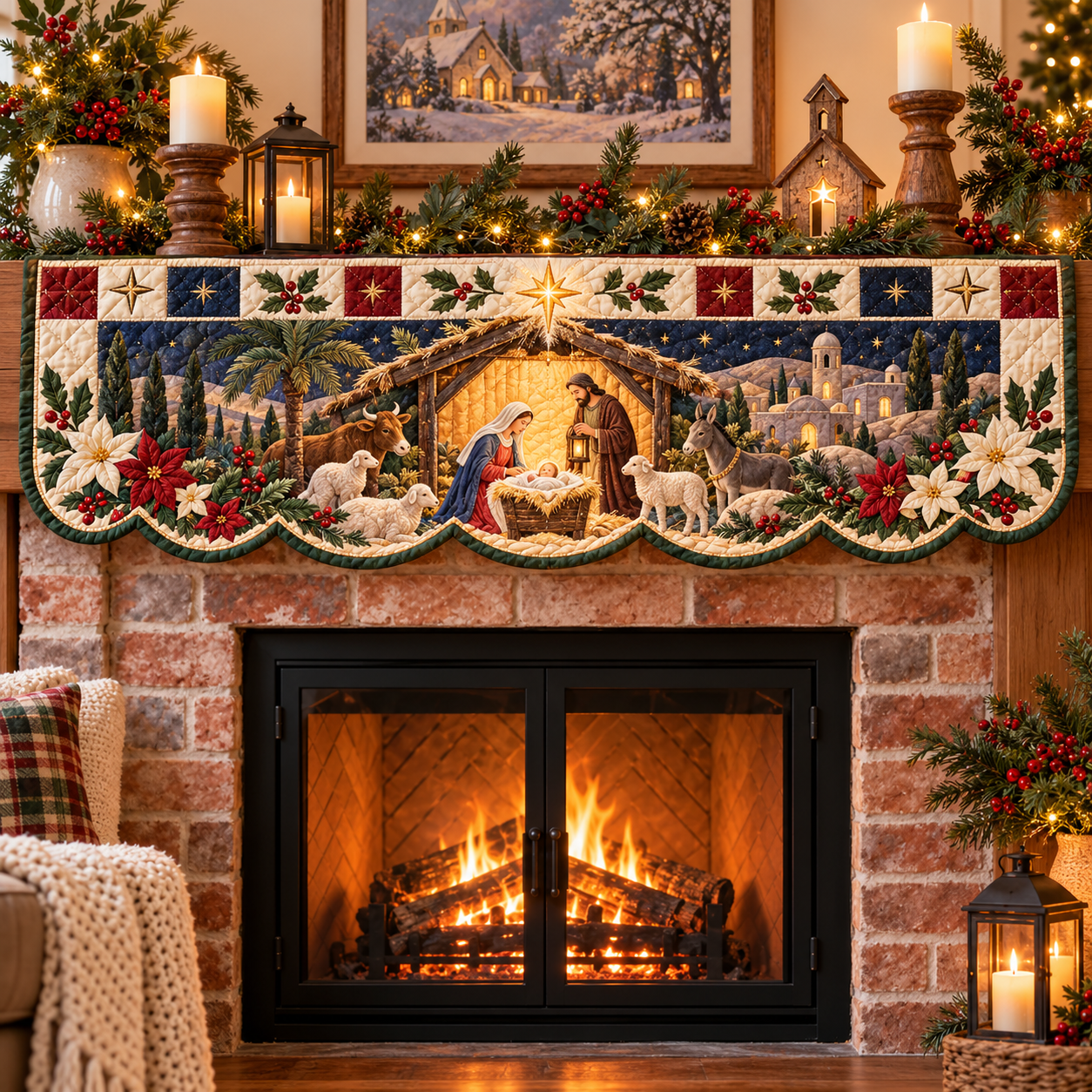 Nativity Christmas mantel scarf on a festive fireplace